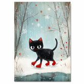 Christmas Wall Art Featuring Black Cat in Red Skates Gliding on Ice in Snowy Forest Whimsical Holiday Illustration Perfect for Cat Lovers and Winter Home Decor on Ready to Hang 1.5" Thick Canvas Wrap, Floating Framed Canvas, Flat Rolled Canvas